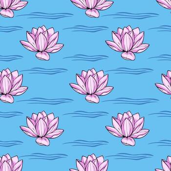 Serene seamless pattern featuring stylized pink water lilies gracefully floating on a calm, light blue water surface, depicted with delicate wavy lines, creating a tranquil and elegant design. vector