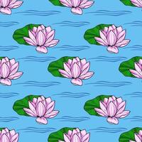A serene seamless pattern featuring delicate pink water lilies gracefully floating on a light blue water surface, subtly textured with wavy lines, creating a calming and elegant design. vector