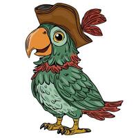 A charming illustration of a cheerful green parrot pirate, wearing a brown tricorn hat adorned with a red feather, standing on yellow feet with black claws. vector