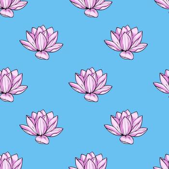 Seamless pattern featuring stylized pink lotus flowers on a vibrant light blue background, creating a serene and elegant design ideal for various applications. vector