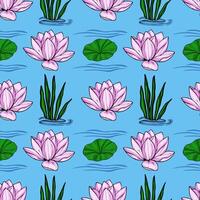A serene seamless pattern featuring delicate pink lotus flowers, vibrant green lily pads, and lush aquatic plants gracefully floating on a tranquil light blue water surface. vector