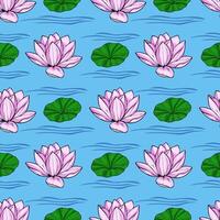 Serene seamless pattern featuring delicate pink lotus flowers and vibrant green lily pads gracefully floating on a tranquil blue water surface, depicted with subtle wave patterns. vector