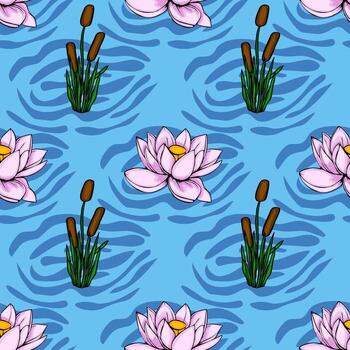 This seamless pattern features a stylized illustration of pink water lilies and cattails floating serenely on a vibrant blue water surface, textured with dynamic wave patterns. vector