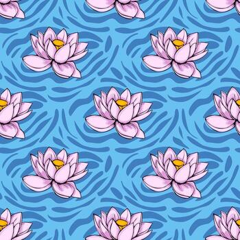 Seamless pattern featuring stylized pink lotus flowers blooming on a vibrant blue water-like background with dynamic abstract wavy lines, creating a serene and elegant design. vector