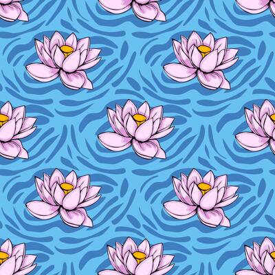 Seamless pattern featuring stylized pink lotus flowers blooming on a vibrant blue water-like background with dynamic abstract wavy lines, creating a serene and elegant design.