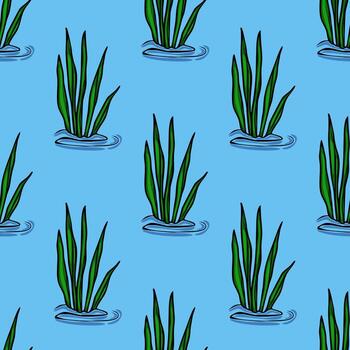 Seamless pattern featuring stylized vibrant green aquatic plants emerging from calm blue water, creating a refreshing and tranquil underwater scene ideal for textile design or summer-themed... vector