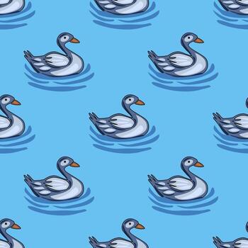 Seamless pattern featuring stylized grey ducks gracefully gliding on a serene light blue water surface, creating a tranquil and charming design ideal for various applications. vector