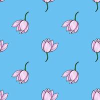 Elegant seamless pattern featuring a repeating motif of stylized light pink lotus flowers with dark green stems against a vibrant light blue background, ideal for textile prints, wallpapers vector