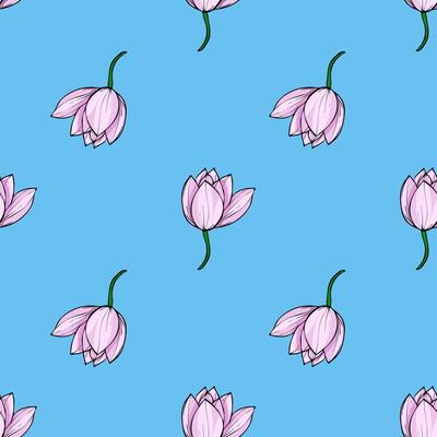 Elegant seamless pattern featuring a repeating motif of stylized light pink lotus flowers with dark green stems against a vibrant light blue background, ideal for textile prints, wallpapers