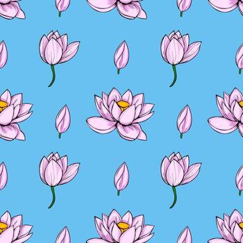 Seamless pattern featuring delicate pink lotus flowers and buds on a vibrant light blue background, creating a serene and elegant design perfect for various applications. vector