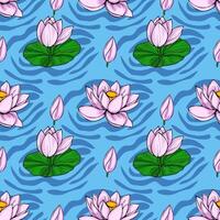 Seamless pattern featuring stylized pink lotus flowers and buds floating on a vibrant blue water background with wavy texture. vector