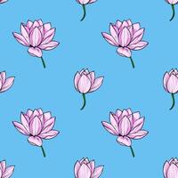 This seamless pattern features a whimsical arrangement of light pink lotus flowers, elegantly scattered against a vibrant light blue backdrop, creating a serene and stylish design. vector