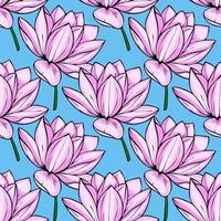Seamless pattern featuring a vibrant arrangement of stylized pink lotus flowers on a light blue background, showcasing bold outlines and delicate color gradients for a modern floral design. vector
