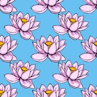 A vibrant seamless pattern featuring stylized pink lotus flowers with bold outlines against a bright blue background, creating a cheerful and energetic design ideal for various applications. vector