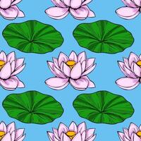 Vibrant seamless pattern featuring stylized pink lotus flowers and large green lily pads against a light blue background, creating a serene and tranquil aquatic scene. vector