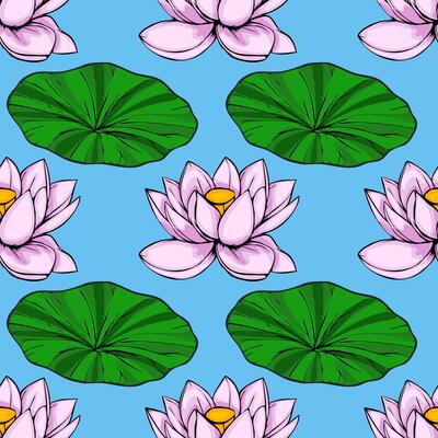 Vibrant seamless pattern featuring stylized pink lotus flowers and large green lily pads against a light blue background, creating a serene and tranquil aquatic scene.