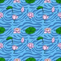 Serene seamless pattern featuring delicate pink lotus flowers and lily pads floating on a stylized blue water surface with wavy texture. vector