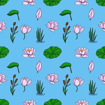 A vibrant seamless pattern showcasing a tranquil pond scene with delicate pink lotus flowers, lush green lily pads, reeds, and cattails, creating a serene and harmonious aquatic design. vector