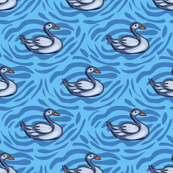 sin costura modelo presentando estilizado gris patos nadando en un vibrante azul agua antecedentes con dinámica ondulado líneas, creando un juguetón y calmante acuático escena. vector
