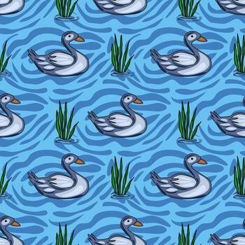 Serene seamless pattern featuring stylized grey ducks gracefully gliding on a vibrant blue water surface, interspersed with lush green reeds, creating a tranquil aquatic scene. vector