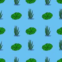 Seamless pattern featuring stylized illustrations of vibrant green lily pads and aquatic grasses floating on a tranquil light blue water surface, creating a serene and refreshing design. vector