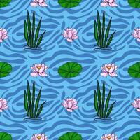 Serene seamless pattern featuring stylized pink lotus flowers, vibrant green lily pads, and aquatic plants gracefully floating on a textured blue water surface, creating a tranquil and elega... vector