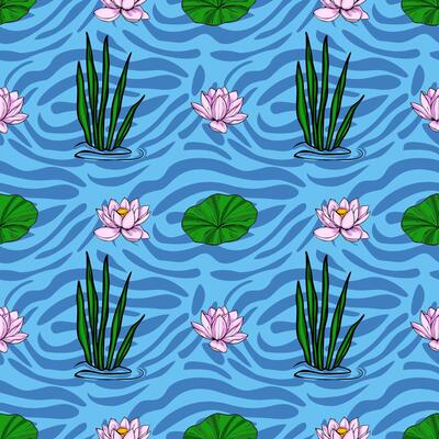 Serene seamless pattern featuring stylized pink lotus flowers, vibrant green lily pads, and aquatic plants gracefully floating on a textured blue water surface, creating a tranquil and elega...