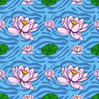 Seamless pattern featuring stylized pink lotus flowers and lily pads floating on a vibrant blue water surface with a wavy, abstract texture. vector
