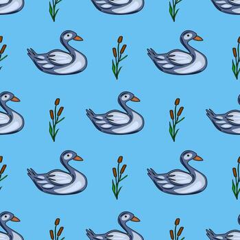 sin costura modelo presentando estilizado gris patos y totora en un ligero azul fondo, creando un encantador y tranquilo lago escena. vector