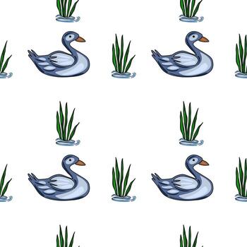 sin costura modelo presentando estilizado gris patos nadando en medio de vibrante verde cañas en un prístino blanco fondo, creando un tranquilo y encantador acuático escena. vector