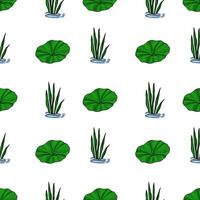 A vibrant seamless pattern featuring stylized illustrations of large, round lily pads and aquatic grasses, creating a refreshing and tranquil aquatic scene. vector