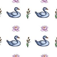 Serene seamless pattern featuring stylized ducks, water lilies, and cattails, creating a tranquil lake scene ideal for textile prints or wallpaper designs. vector