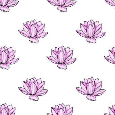 Elegant seamless pattern featuring delicate light pink lotus flowers on a pristine white background, ideal for feminine designs and spring-themed projects.