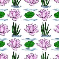 This seamless pattern features a serene aquatic scene with delicate pink lotus flowers, vibrant green lily pads, and lush water plants, all elegantly arranged against a crisp white backgroun... vector