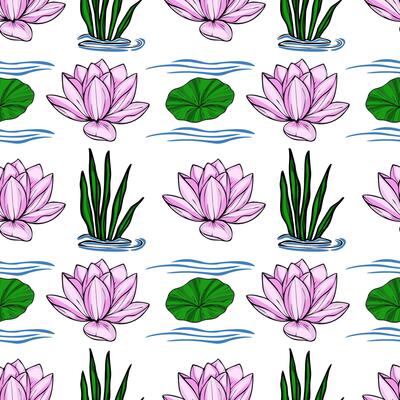 This seamless pattern features a serene aquatic scene with delicate pink lotus flowers, vibrant green lily pads, and lush water plants, all elegantly arranged against a crisp white backgroun...