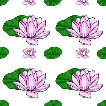 A delicate seamless pattern featuring pink lotus flowers and vibrant green lily pads, creating a serene and elegant floral design ideal for various applications. vector