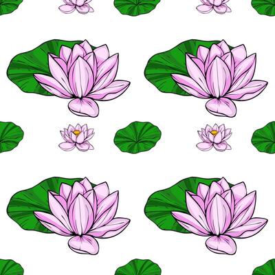 A delicate seamless pattern featuring pink lotus flowers and vibrant green lily pads, creating a serene and elegant floral design ideal for various applications.