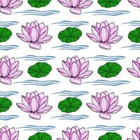 Seamless pattern featuring delicate pink lotus flowers and vibrant green lily pads floating serenely on stylized blue water waves, creating a tranquil and elegant design. vector