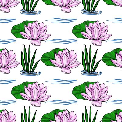 A delicate seamless pattern featuring hand-drawn pink lotus flowers, vibrant green lily pads, and stylized water reeds, creating a serene aquatic scene on a white background.