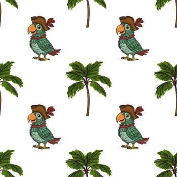 Seamless pattern featuring charming pirate parrots in tricorn hats and lush tropical palm trees, creating a playful and vibrant design perfect for summer apparel or exotic-themed projects. vector