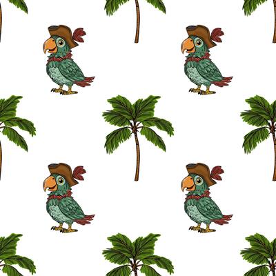 Seamless pattern featuring charming pirate parrots in tricorn hats and lush tropical palm trees, creating a playful and vibrant design perfect for summer apparel or exotic-themed projects.