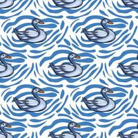 Seamless pattern featuring stylized grey swans gracefully gliding on an abstract blue and white wavy water background, creating a calming and elegant design. vector