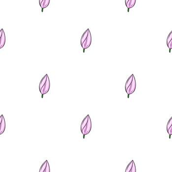 A delicate seamless pattern featuring light pink magnolia buds, meticulously drawn with a hand-sketch style, set against a pristine white background, creating a gentle and romantic design. vector