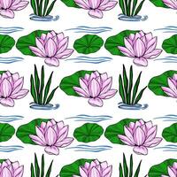 Serene seamless pattern featuring delicate pink water lilies, vibrant green lily pads, and lush aquatic grasses, all gracefully floating on a calm, light blue water surface. vector