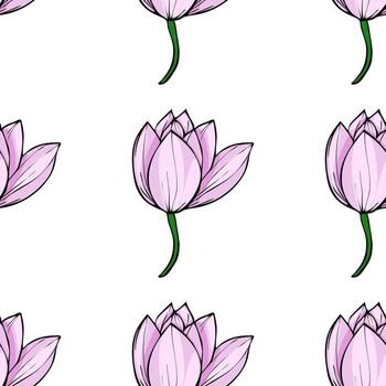 Elegant seamless pattern featuring delicate light pink lotus flowers with dark green stems, creating a serene and minimalist floral design ideal for various applications. vector