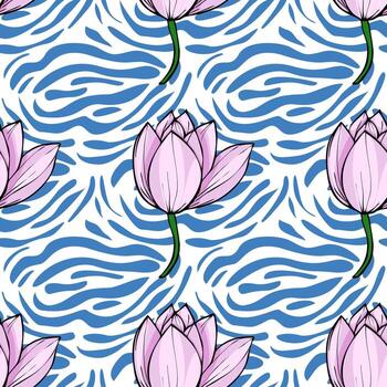 Seamless pattern featuring delicate pink lotus blossoms gracefully arranged atop a dynamic, abstract blue and white zebra-like wave background, creating a vibrant and stylish design. vector