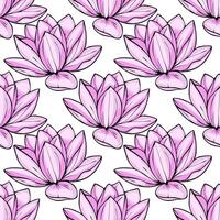 Elegant seamless pattern featuring a delicate arrangement of light pink lotus flowers, meticulously detailed with black outlines against a crisp white backdrop. vector