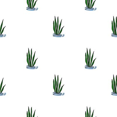 A simple yet elegant seamless pattern featuring stylized green aquatic plants emerging from calm blue water against a clean white backdrop.