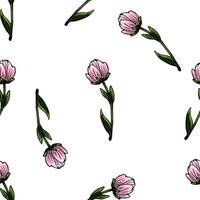 Elegant seamless pattern with hand-drawn pink chrysanthemum buds and green leaves on a white background, ideal for textile, wallpaper, or surface design. vector