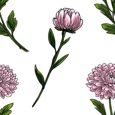 Seamless pattern of delicate pink chrysanthemum flowers and lush green leaves, artistically rendered in a hand-drawn style, perfect for textile prints and floral designs.